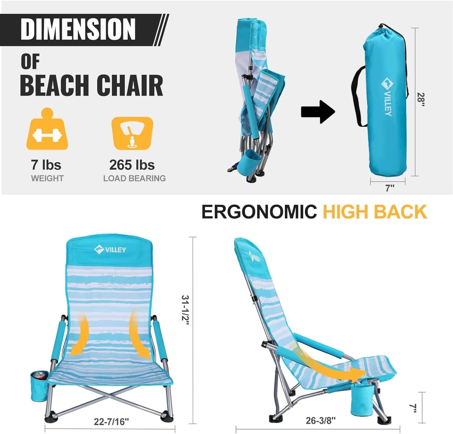 VILLEY Low Beach Chair, High Back Folding Beach Chair for Adults, Lightweight and Portable for Outdoor, Beach, Camping, Lawn, Music Festival, with Cup Holder and Carry Bag-Blue Stripes