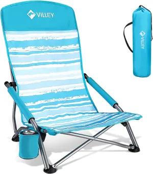 VILLEY Low Beach Chair, High Back Folding Beach Chair for Adults, Lightweight and Portable for Outdoor, Beach, Camping, Lawn, Music Festival, with Cup Holder and Carry Bag-Blue Stripes