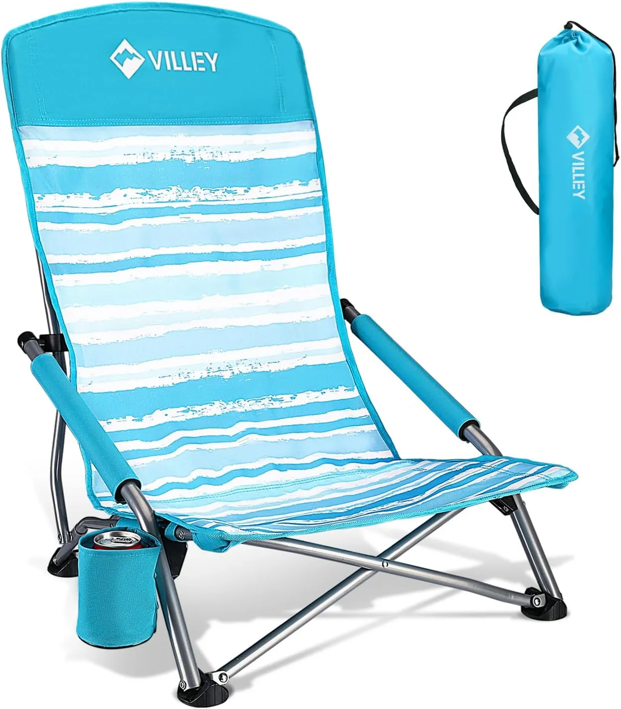VILLEY Low Beach Chair, High Back Folding Beach Chair for Adults, Lightweight and Portable for Outdoor, Beach, Camping, Lawn, Music Festival, with Cup Holder and Carry Bag-Blue Stripes