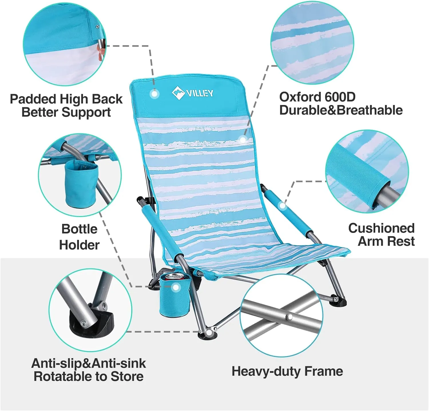 VILLEY Low Beach Chair, High Back Folding Beach Chair for Adults, Lightweight and Portable for Outdoor, Beach, Camping, Lawn, Music Festival, with Cup Holder and Carry Bag-Blue Stripes
