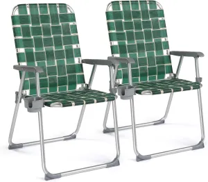 VINGLI Folding Aluminum Webbed Lawn Chairs with Detachable Cup Holder, High Beach Chair for Adults Heavy Duty, Portable Patio Chair, Camping Chair for Yard, Garden, 2 Pack