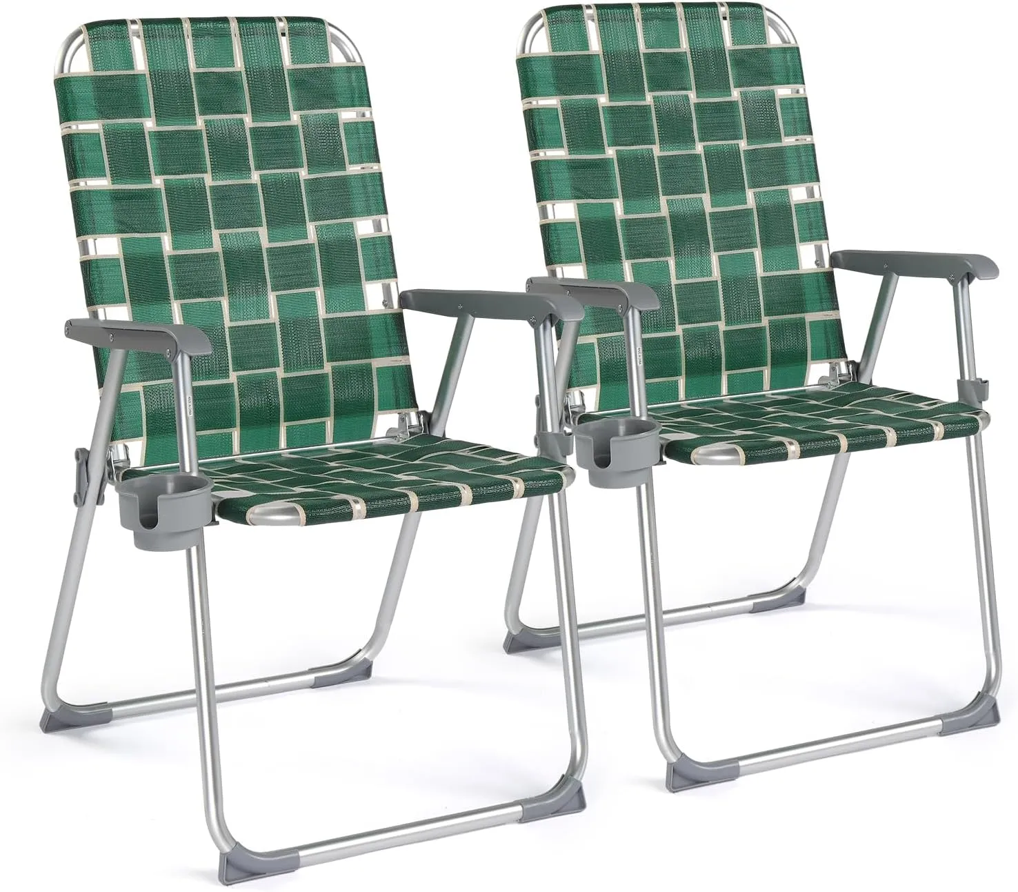 VINGLI Folding Aluminum Webbed Lawn Chairs with Detachable Cup Holder, High Beach Chair for Adults Heavy Duty, Portable Patio Chair, Camping Chair for Yard, Garden, 2 Pack