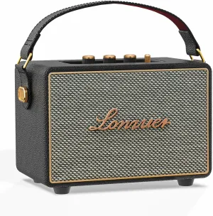 Vintage 80Watts No Distortion Wireless Bluetooth Wooden Portable Retro Blue Tooth Home Speaker with Deep Bass Subwoofer Fabric Grill Leather Strap Handle-Black