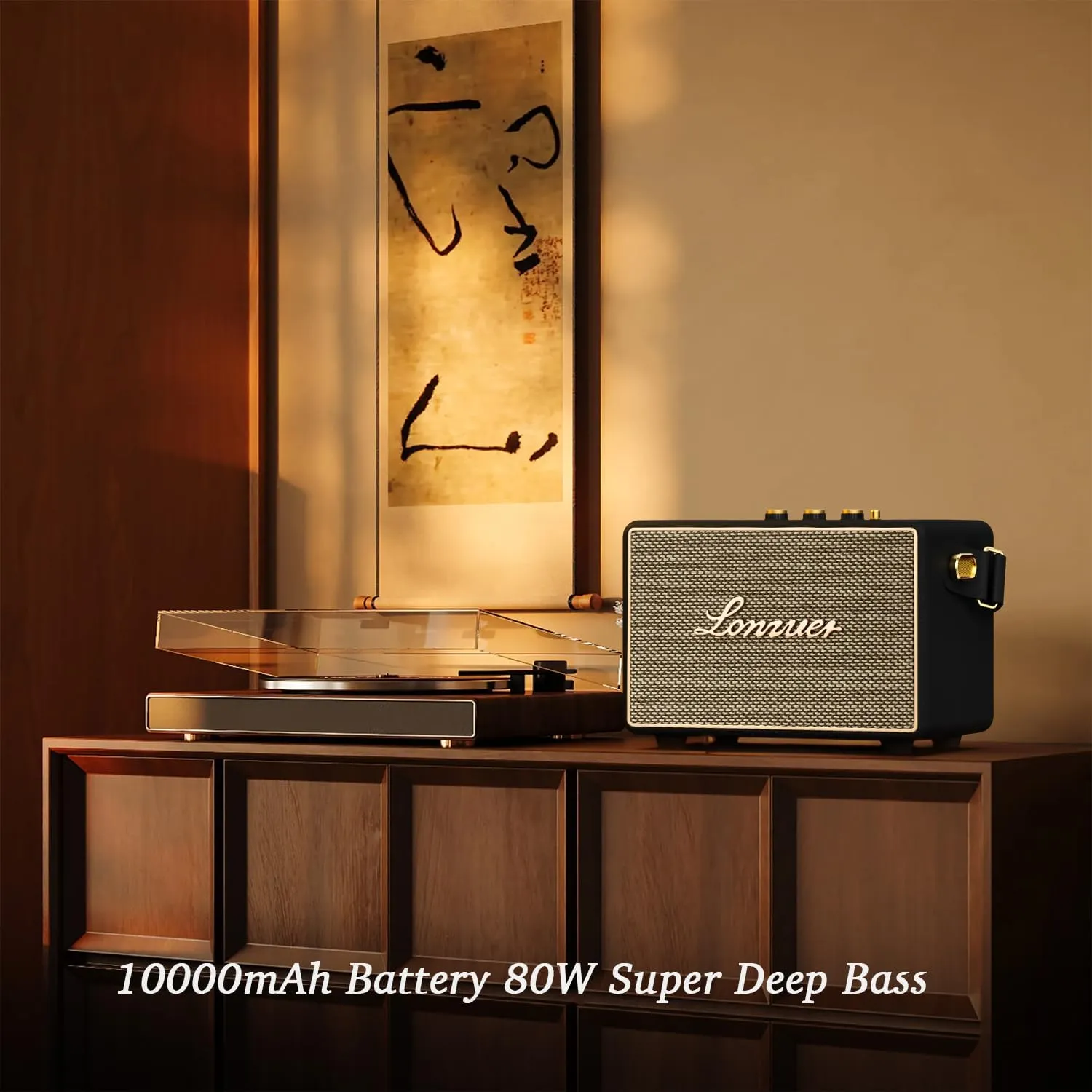 Vintage 80Watts No Distortion Wireless Bluetooth Wooden Portable Retro Blue Tooth Home Speaker with Deep Bass Subwoofer Fabric Grill Leather Strap Handle-Black