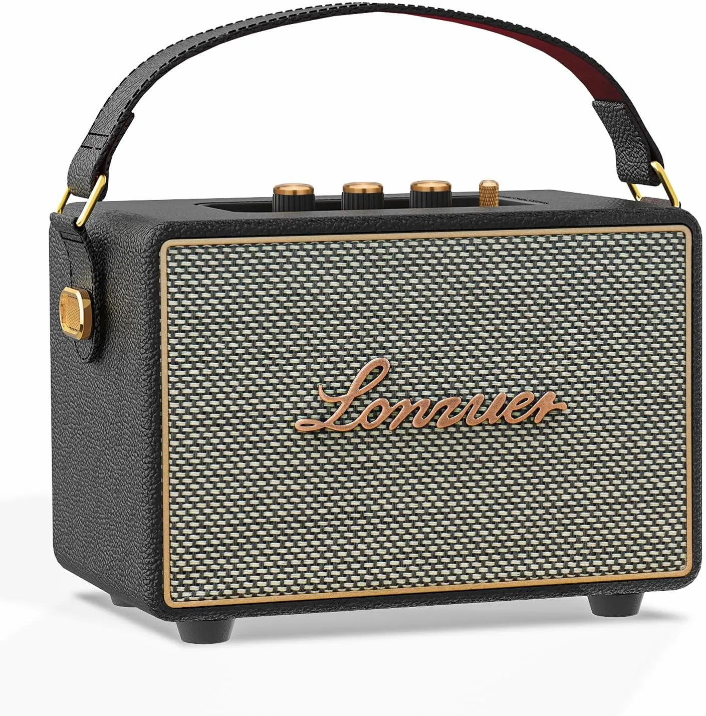 Vintage 80Watts No Distortion Wireless Bluetooth Wooden Portable Retro Blue Tooth Home Speaker with Deep Bass Subwoofer Fabric Grill Leather Strap Handle-Black