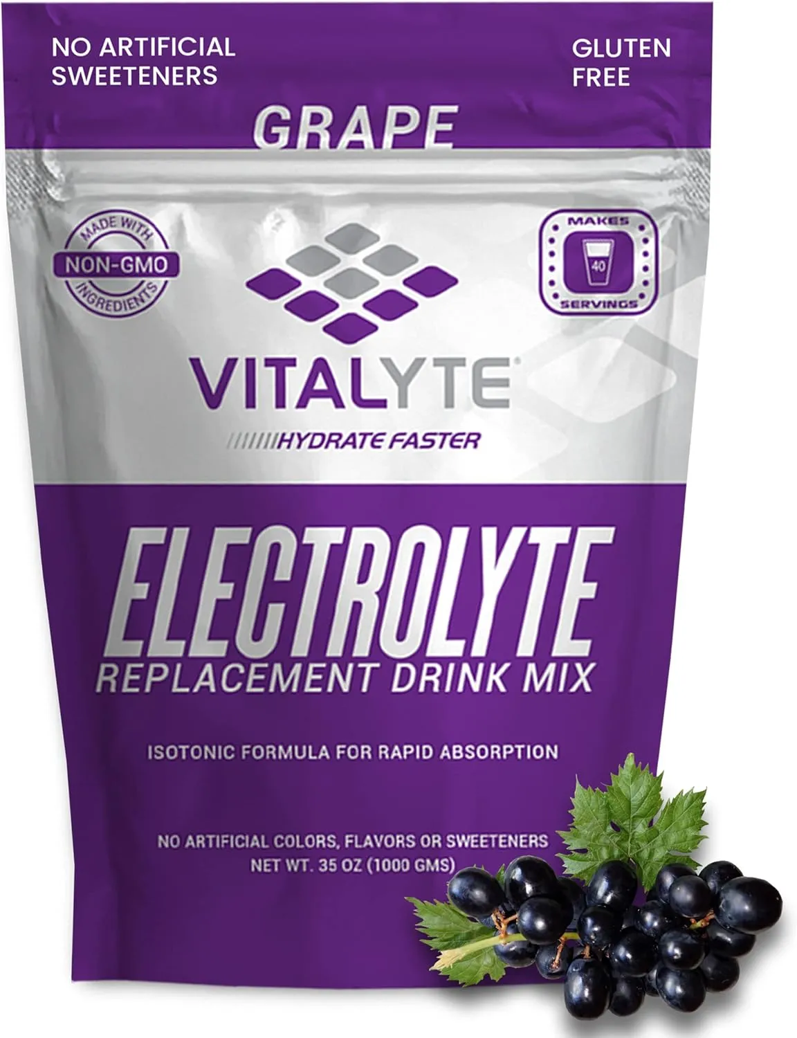 Vitalyte Electrolyte Powder Drink Mix, Isotonic Electrolyte Hydration Mix, Gluten Free Post Workout Powder Mix, Pack of 2, 35 oz. Each, Grape Flavor