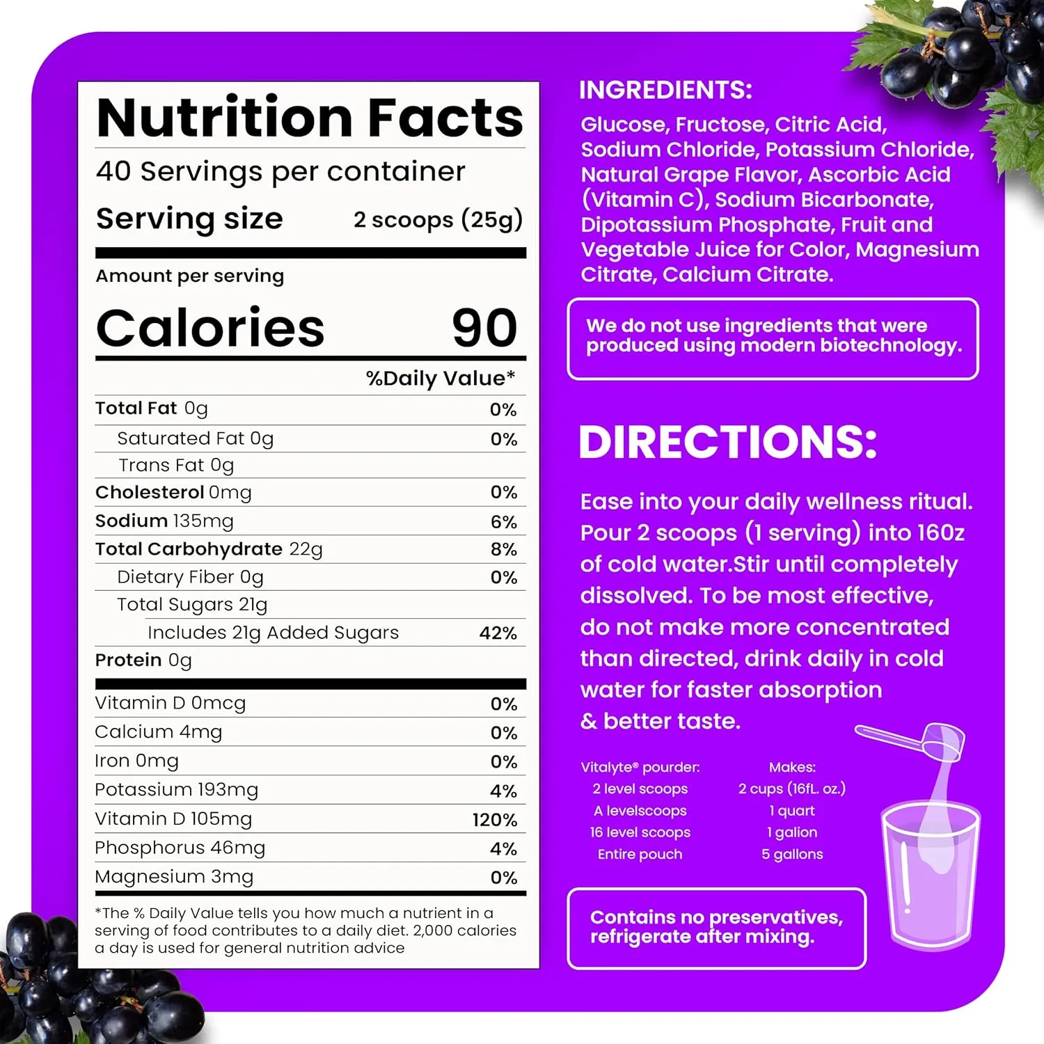 Vitalyte Electrolyte Powder Drink Mix, Isotonic Electrolyte Hydration Mix, Gluten Free Post Workout Powder Mix, Pack of 2, 35 oz. Each, Grape Flavor