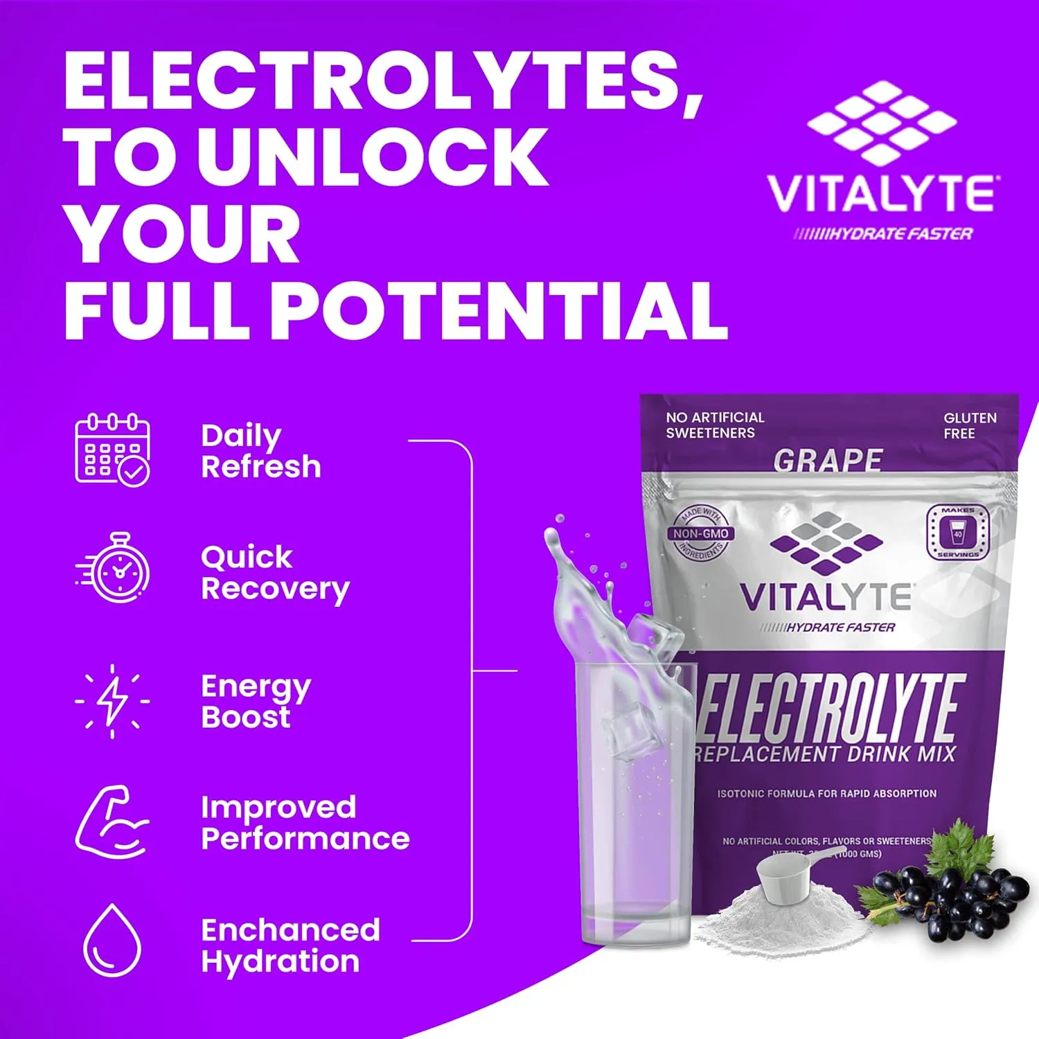 Vitalyte Electrolyte Powder Drink Mix, Isotonic Electrolyte Hydration Mix, Gluten Free Post Workout Powder Mix, Pack of 2, 35 oz. Each, Grape Flavor