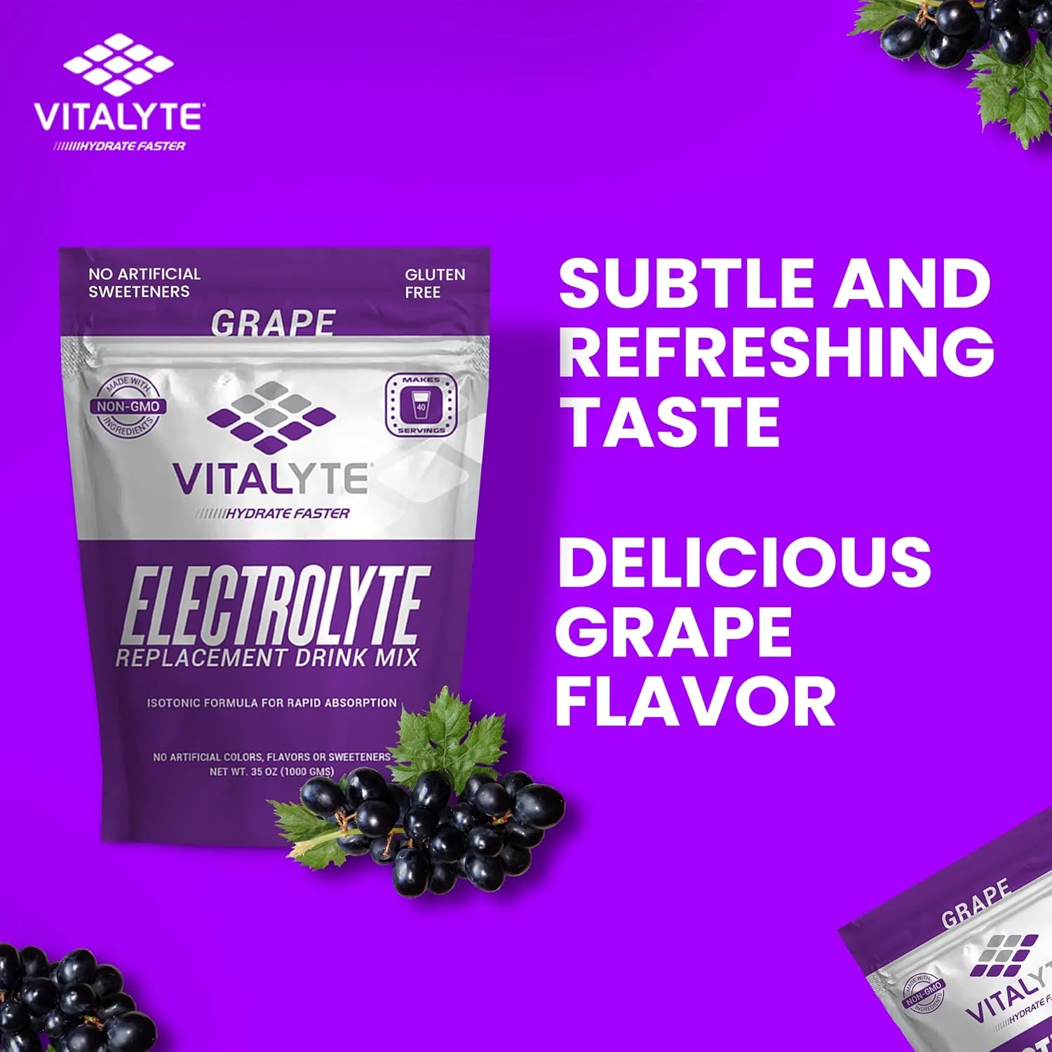 Vitalyte Electrolyte Powder Drink Mix, Isotonic Electrolyte Hydration Mix, Gluten Free Post Workout Powder Mix, Pack of 2, 35 oz. Each, Grape Flavor