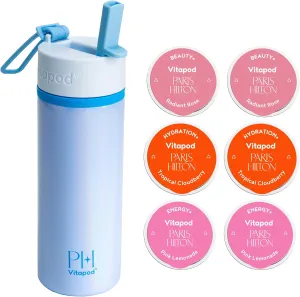 Vitapod Paris Hilton x Daily Wellness System - 22oz Pearlescent Water Bottle in Poolside Blue & 6 Drink Mix Pod Sampler, Includes BEAUTY , HYDRATION , and ENERGY  Functional Drink Mix Pods