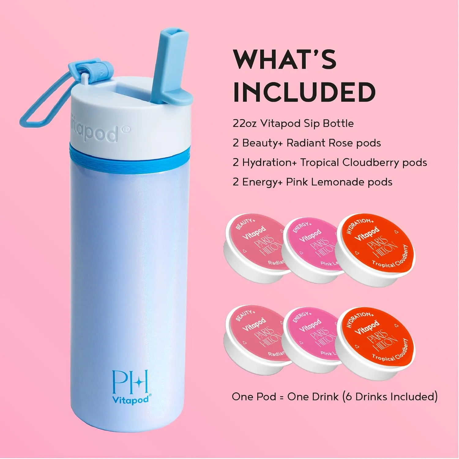 Vitapod Paris Hilton x Daily Wellness System - 22oz Pearlescent Water Bottle in Poolside Blue & 6 Drink Mix Pod Sampler, Includes BEAUTY , HYDRATION , and ENERGY  Functional Drink Mix Pods