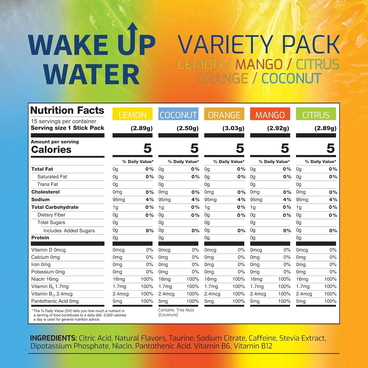 Wake Up Water - Energy   Hydration Sugar Free 15 Packet, Variety Pack - Energy Drink Powder, Electrolytes Powder Drink, Natural Caffeine Mix Packet, B Vitamins, 5 Calories, Gluten Free - .10 oz (2.9g)