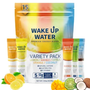 Wake Up Water - Energy   Hydration Sugar Free 15 Packet, Variety Pack - Energy Drink Powder, Electrolytes Powder Drink, Natural Caffeine Mix Packet, B Vitamins, 5 Calories, Gluten Free - .10 oz (2.9g)