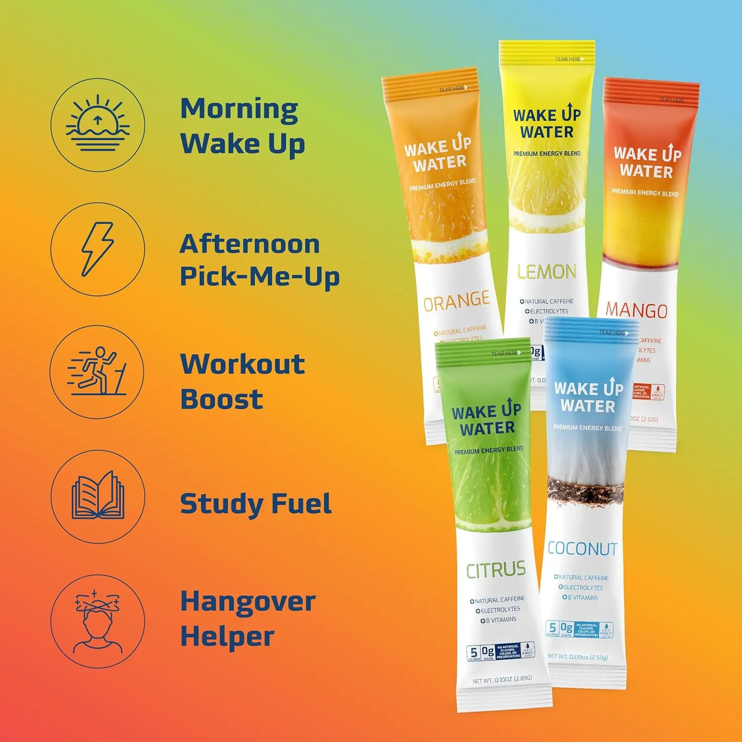 Wake Up Water - Energy   Hydration Sugar Free 15 Packet, Variety Pack - Energy Drink Powder, Electrolytes Powder Drink, Natural Caffeine Mix Packet, B Vitamins, 5 Calories, Gluten Free - .10 oz (2.9g)