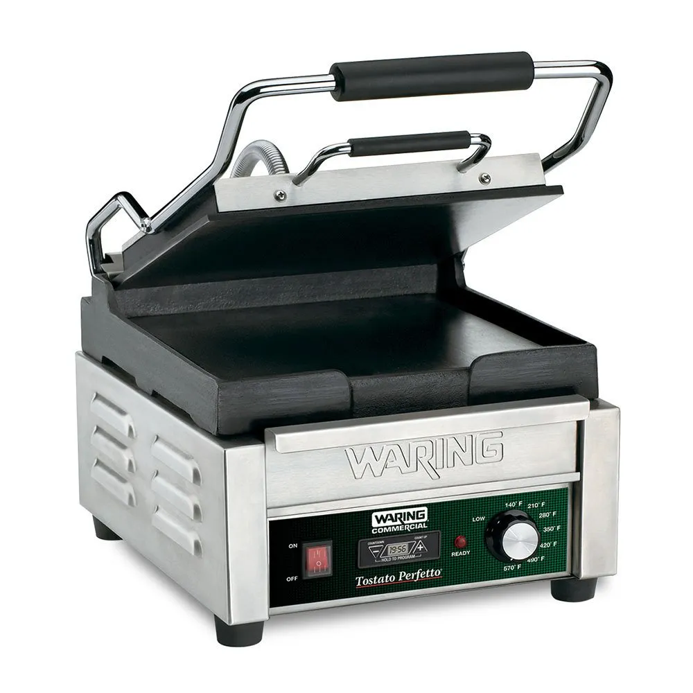 Waring Commercial WFG150T Tostato Perfetto® Compact Flat Surface Toasting Grill, 20 Minute Countdown Timer, 120V, 1800W, 5-15 Phase Plug