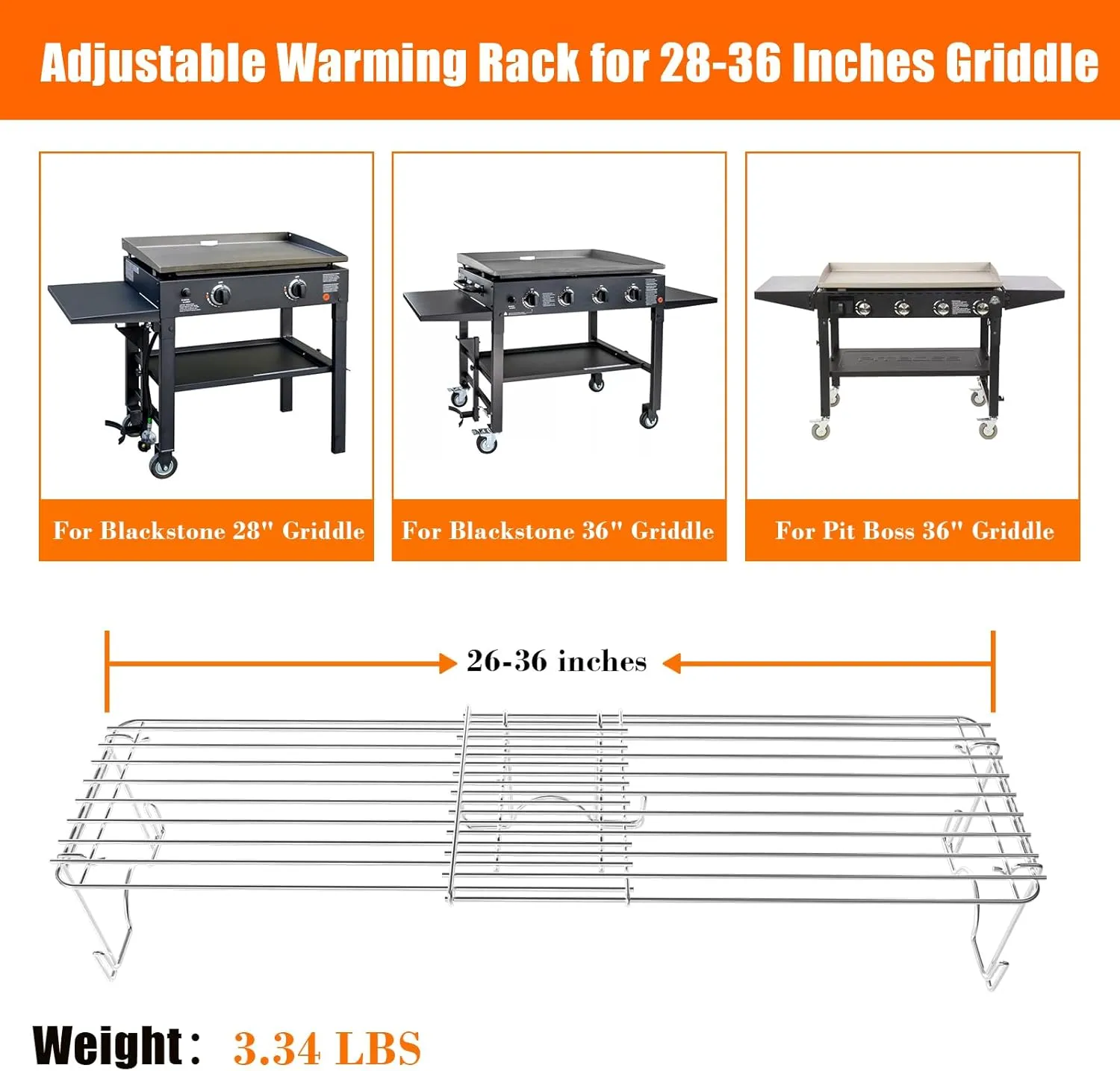 Warming Rack for Blackstone 28 & 36 inch Griddle, Foldable Blackstone Accessories, Adjustable Width 26 to 36 inches, Grill Warming Rack for Pit Boss and Royal Gourmet, Detachable, Stainless Steel