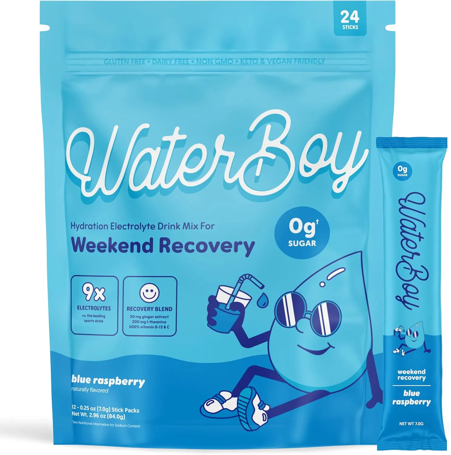 Waterboy Weekend Recovery | 3,200mg Electrolyte Powder Packets | Ginger   L-Theanine   Vitamins | No Sugar, All Natural, Gluten Free | 24 Drink Stick Mixes (Blue Raspberry)