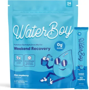 Waterboy Weekend Recovery | 3,200mg Electrolyte Powder Packets | Ginger   L-Theanine   Vitamins | No Sugar, All Natural, Gluten Free | 24 Drink Stick Mixes (Blue Raspberry)