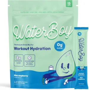 Waterboy Workout Hydration | 2,960mg Sugar Free Electrolyte Powder Packets | L-Glutamine   Vitamins | No Sugar, All Natural, Gluten Free | 15 Drink Stick Mixes (Blue Raspberry)