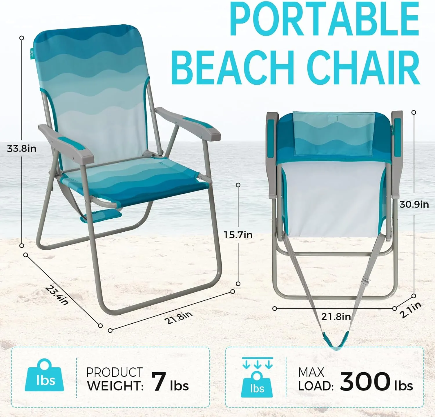 #WEJOY Folding Beach Chair for Adults, Lightweight Beach Chair with Shoulder Straps, High Back Beach Chairs with Hard Armrest, Supports 300lbs for Beach Lawn Concert