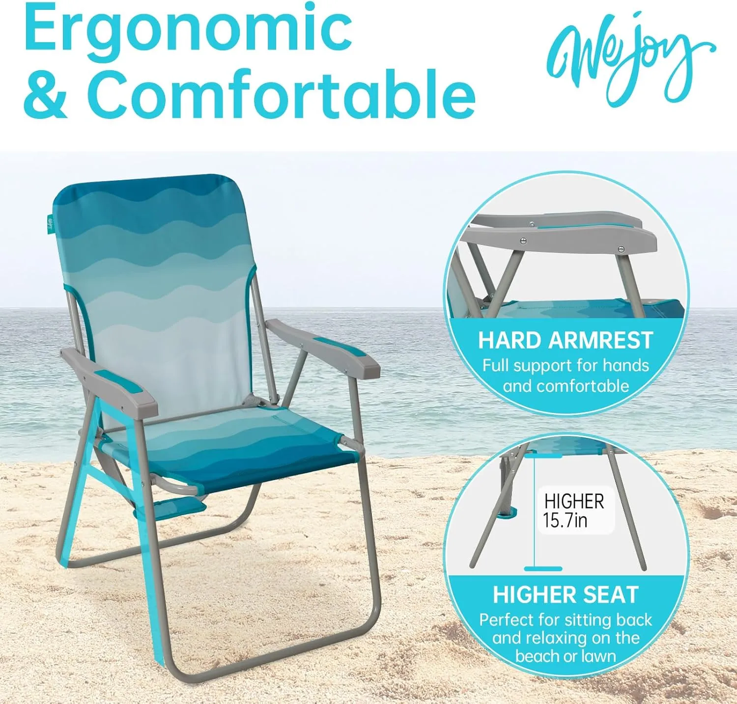#WEJOY Folding Beach Chair for Adults, Lightweight Beach Chair with Shoulder Straps, High Back Beach Chairs with Hard Armrest, Supports 300lbs for Beach Lawn Concert
