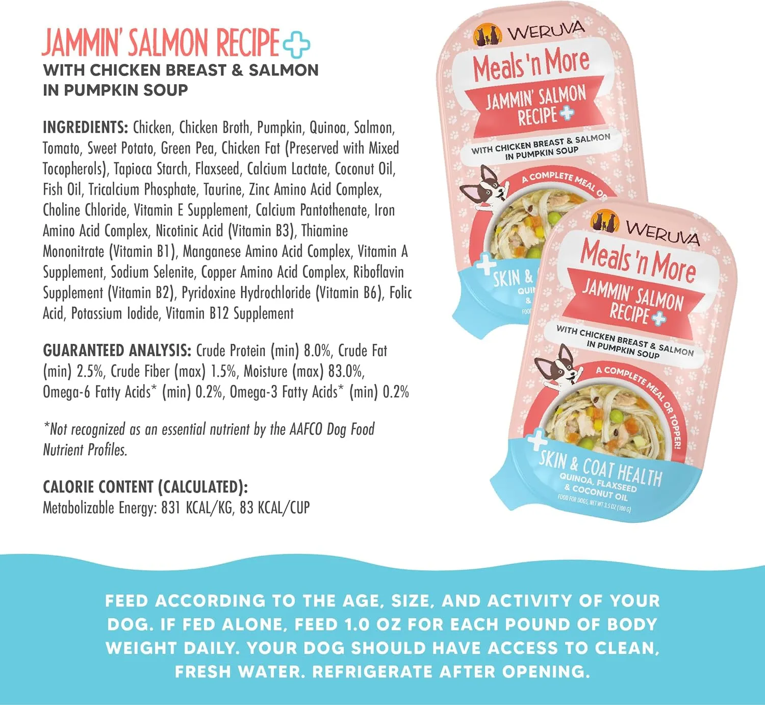 Weruva Meals 'n More Natural Wet Dog Food, Jammin' Salmon Plus Skin & Coat Health, 3.5oz Cup (Pack of 12)