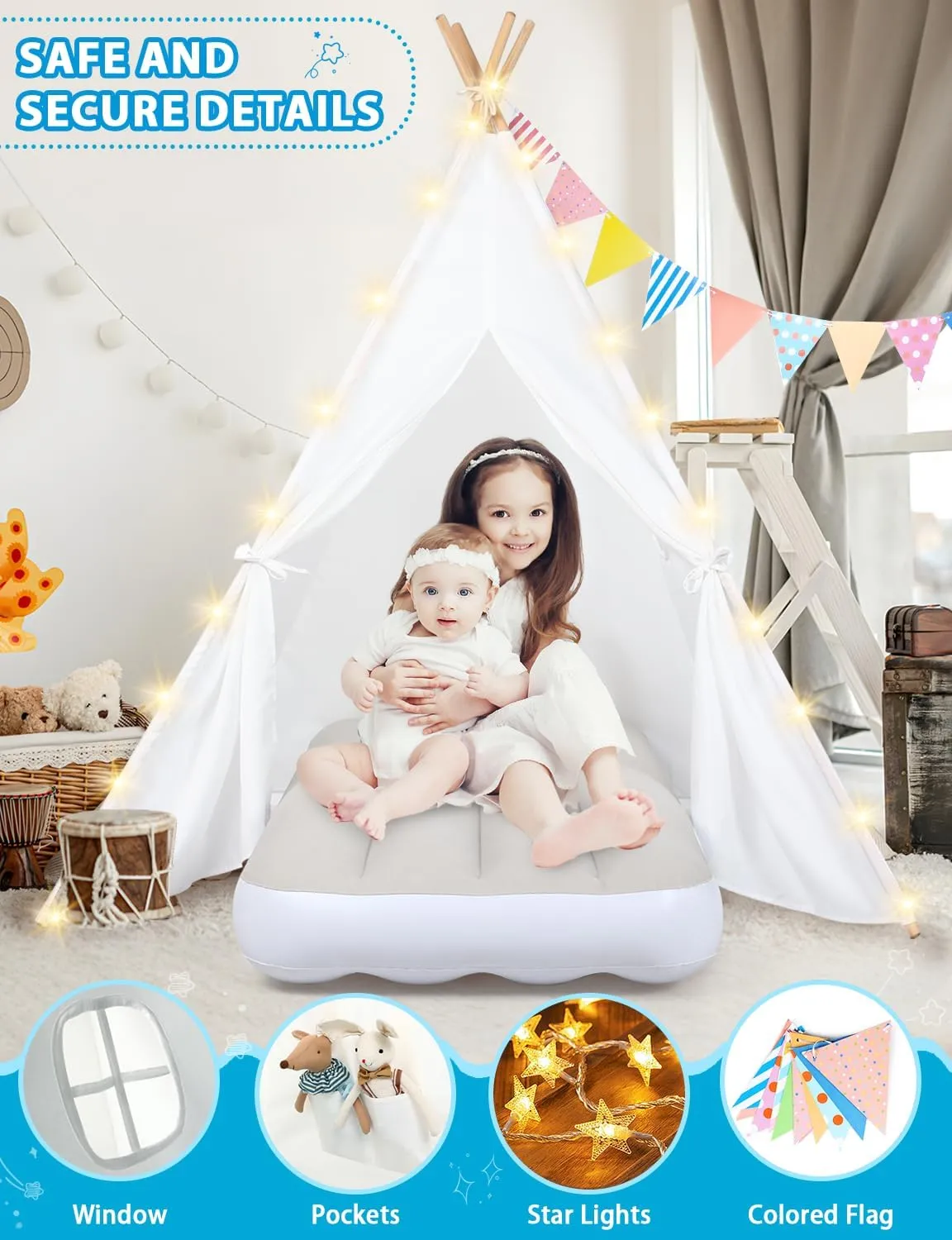 wilwolfer 6 Pack Kids Teepee Tent Bulk with Light and Inflatable Airbed, Natural Cotton Toddler Play Tent for Girls Boys Indoor Outdoor Sleepover Slumber Party Birthday Gifts
