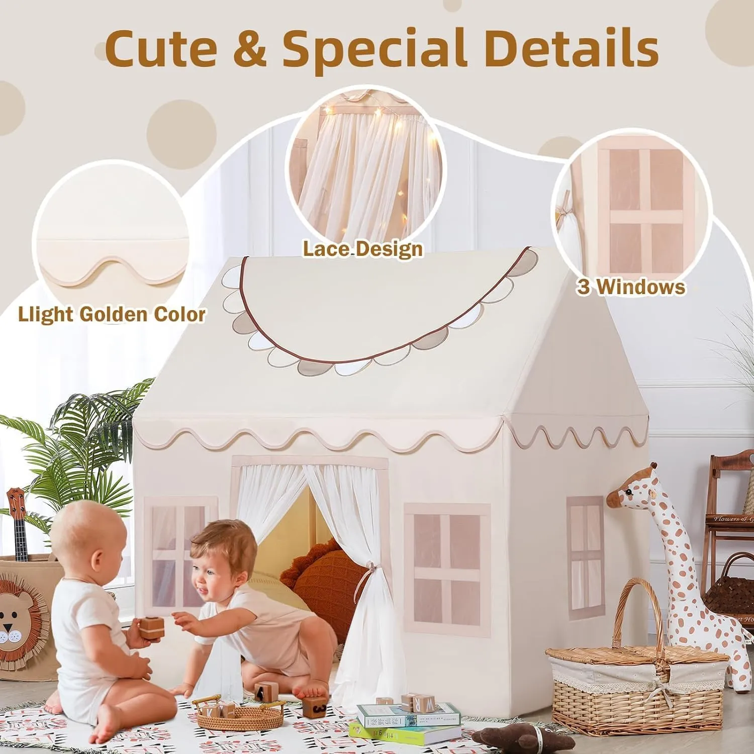 Wilwolfer Play Tent for Kids with Star Lights & Banners, Kids Tent Indoor for Toddler, Indoor Plyahouse for Playroom Furniture, Gift Toys for Boys & Girls