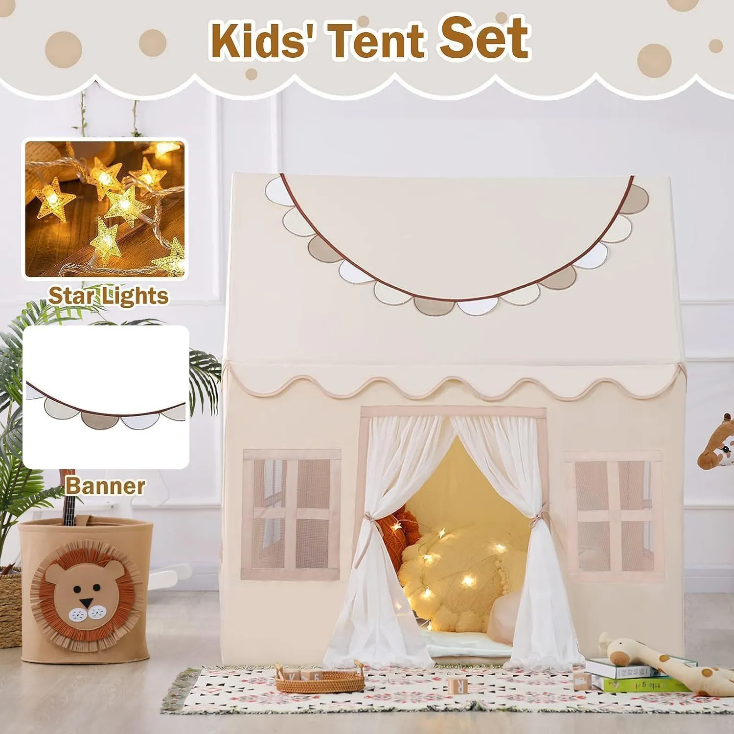 Wilwolfer Play Tent for Kids with Star Lights & Banners, Kids Tent Indoor for Toddler, Indoor Plyahouse for Playroom Furniture, Gift Toys for Boys & Girls
