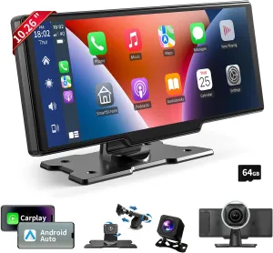 Wireless Carplay Screen for Car, 10.26" HD Carplay and Android Auto Touch Screen, Portable Car Tablet with 4K Dash Cam, Audio Receivers with Backup Camera, GPS Navigation, Voice Control, Mirror Link