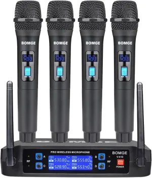 Wireless Microphone System, BOMGE Pro 4-Channel Cordless Mic Set with Four Handheld Mics, Fixed Frequency, Long Range 200ft, Ideal for Church,Karaoke, Events (V410)