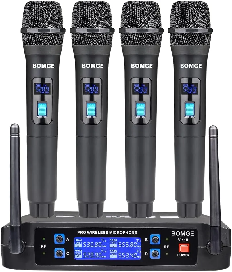 Wireless Microphone System, BOMGE Pro 4-Channel Cordless Mic Set with Four Handheld Mics, Fixed Frequency, Long Range 200ft, Ideal for Church,Karaoke, Events (V410)