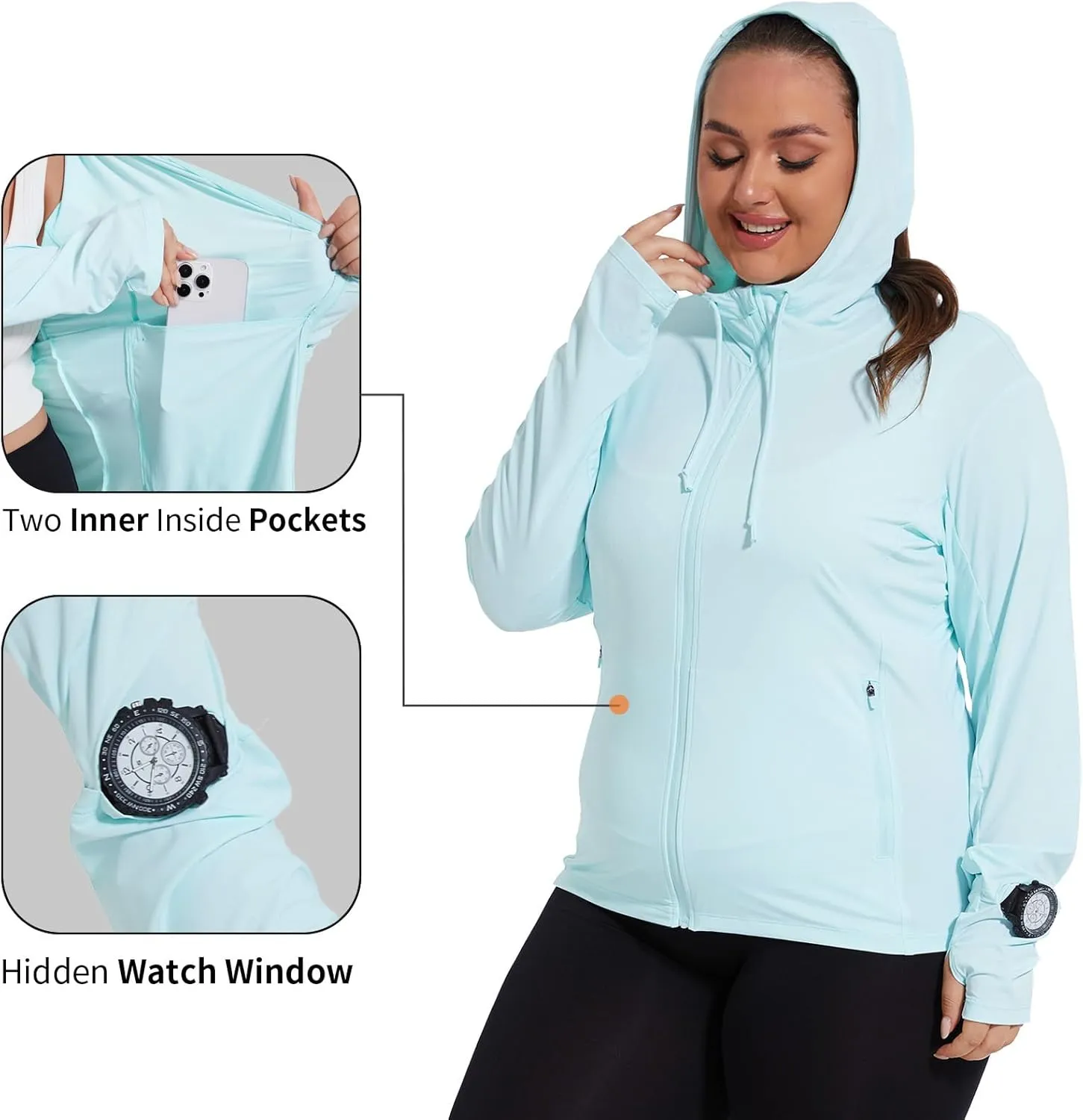Womens Plus Size Lightweight Sun Protection Jacket SPF Hoodie UPF 50  Full Zip Cooling Summer with Thumb Hole