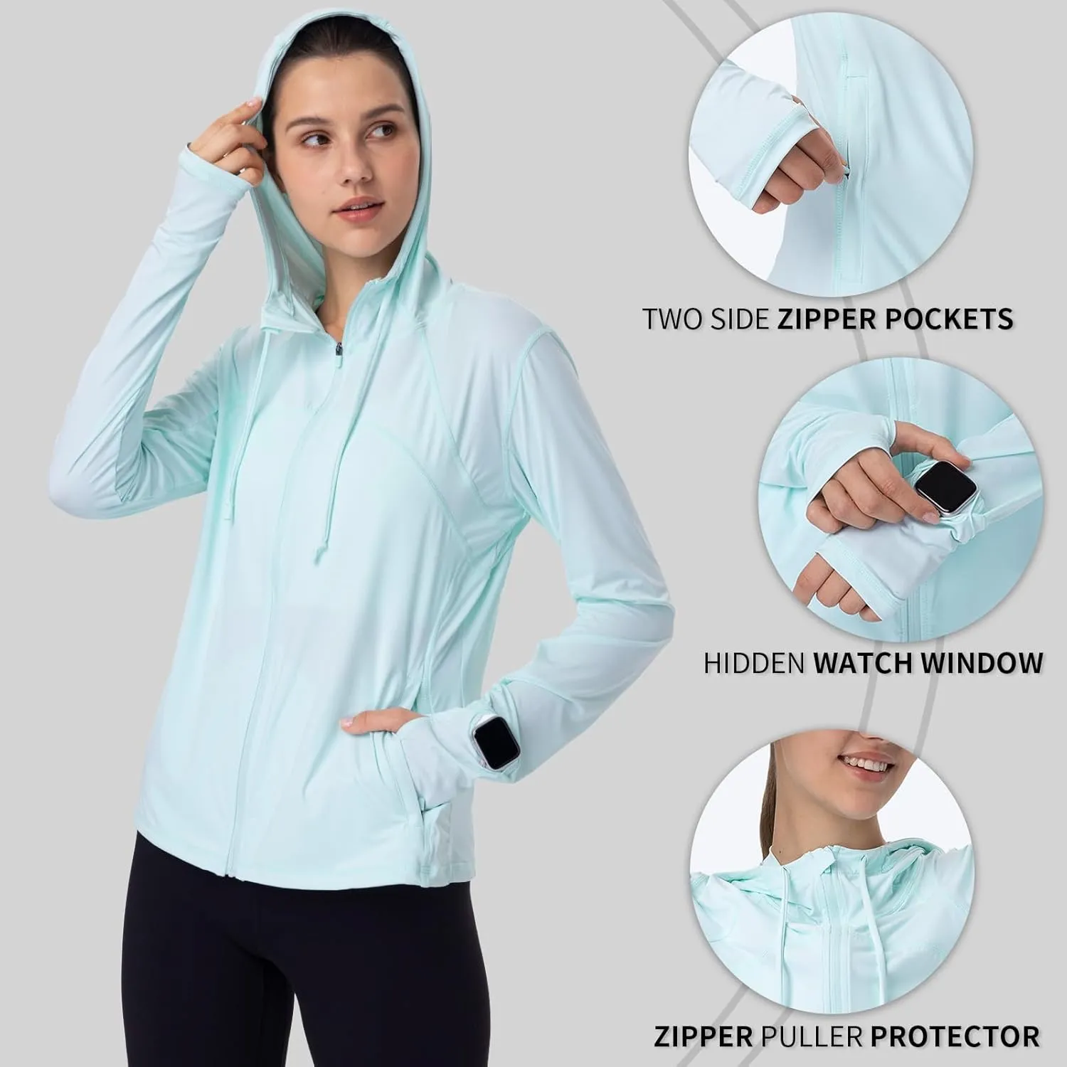 Womens Sun Protection Hoodie SPF Jacket Lightweight Full Zip Up Summer UV UPF 50  with Pockets Thumb Hole