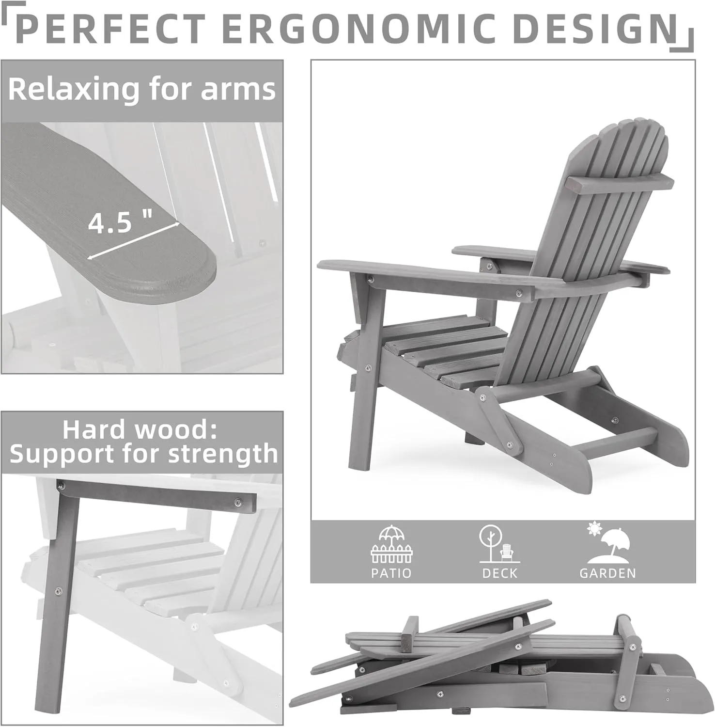 Wooden Folding Adirondack Chair, Half Pre-Assembled Wood Patio Lounge Chair for Outdoor Garden Backyard Porch Pool Deck Firepit