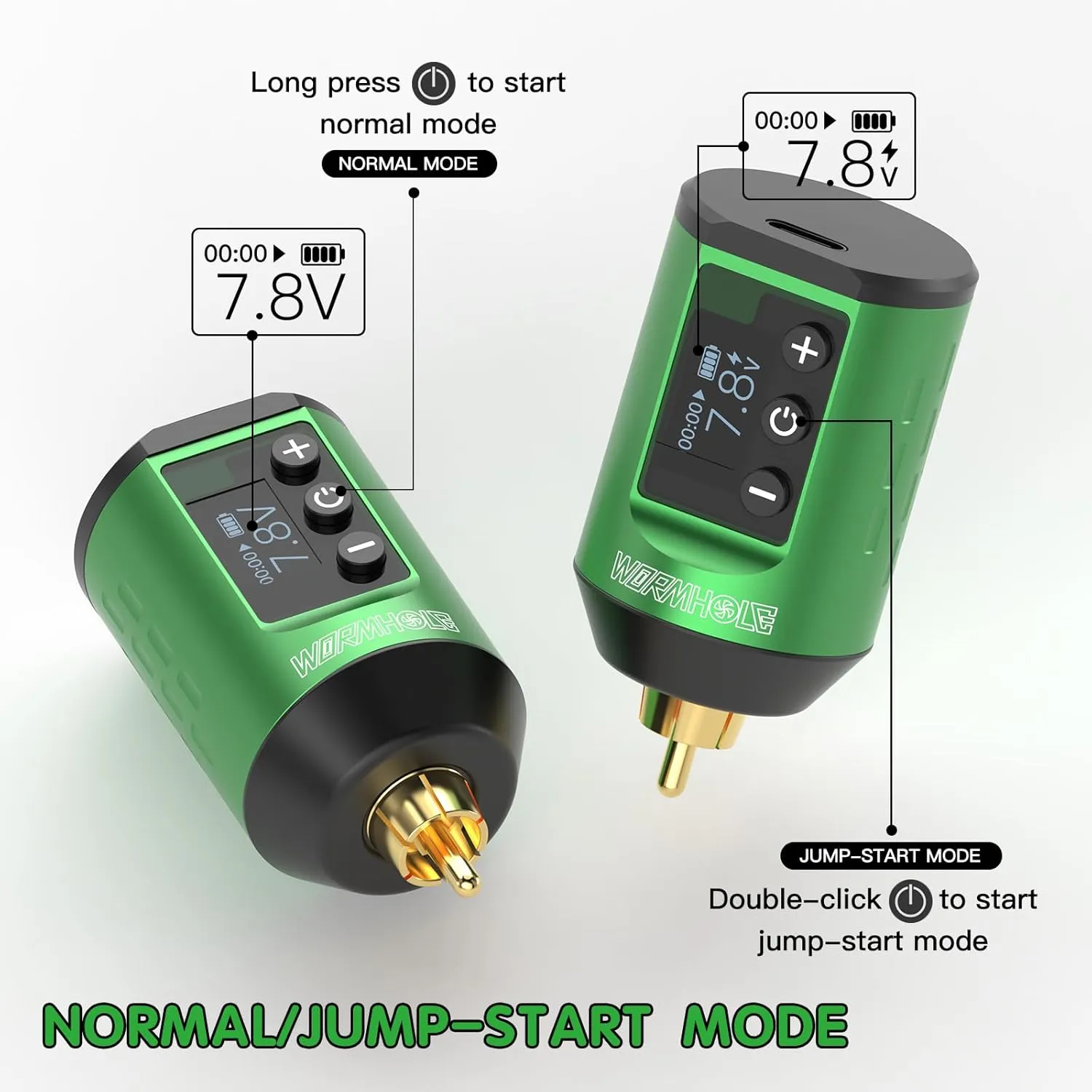 Wormhole Tattoo Battery Pack 1500mAh Dot Working Mode, Jump-Start Working Mode, Lightweight Lithium Charger for Professionals - Suitable for All Standard Tattoo Pens on The Market - Green