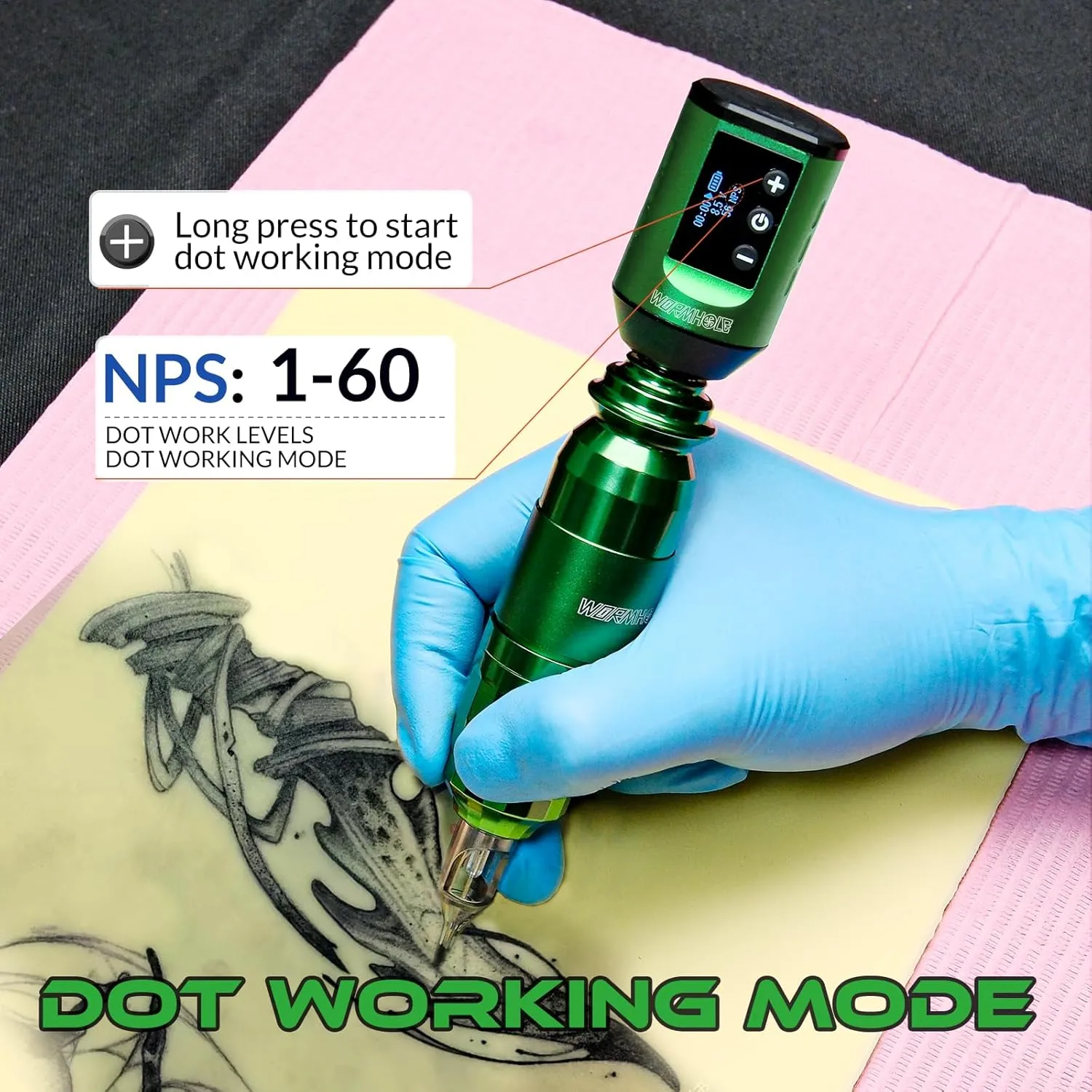 Wormhole Tattoo Battery Pack 1500mAh Dot Working Mode, Jump-Start Working Mode, Lightweight Lithium Charger for Professionals - Suitable for All Standard Tattoo Pens on The Market - Green
