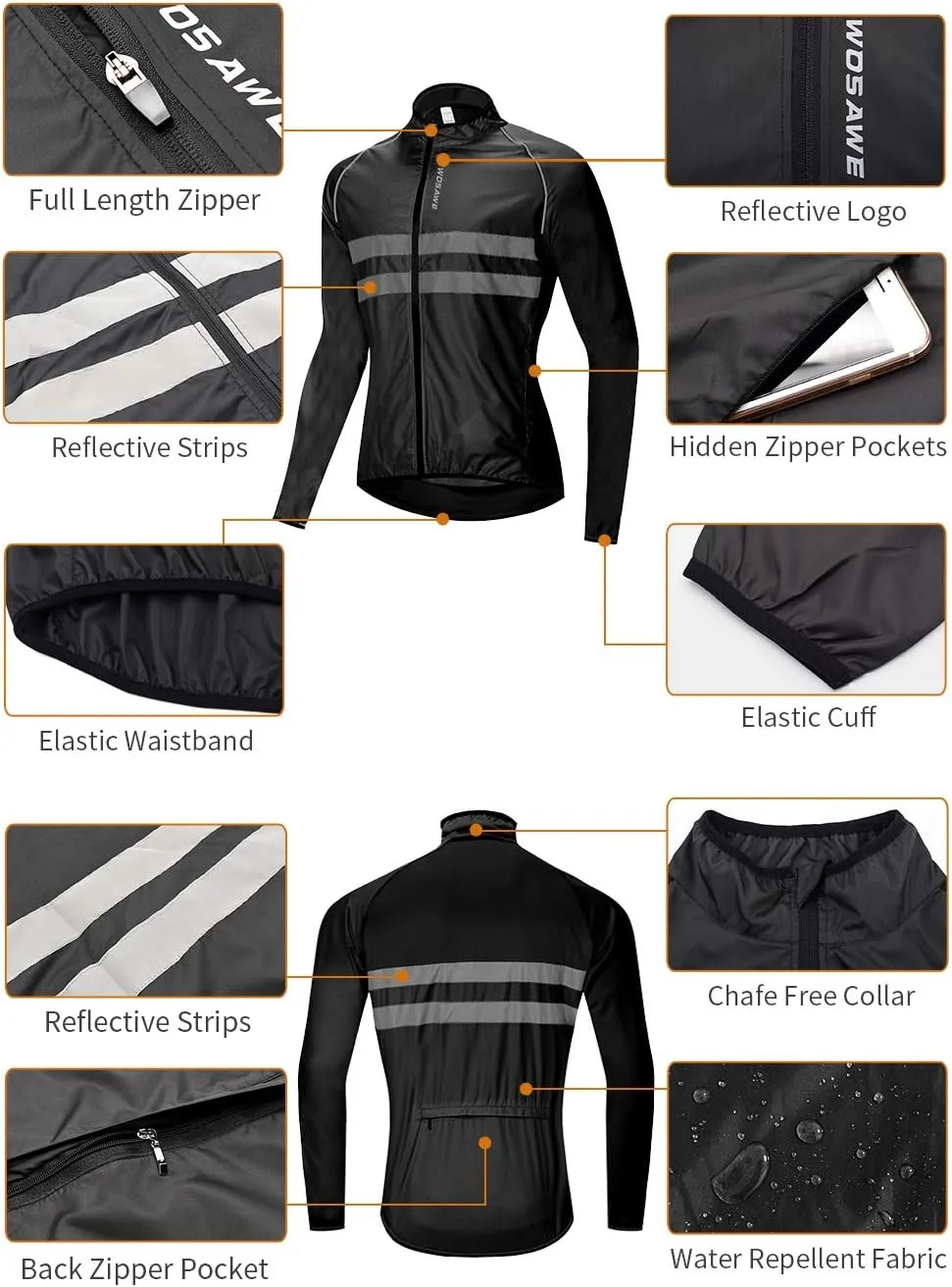 WOSAWE Packable Cycling Jacket Hooded Running Coat Lightweight Biking Windbreaker