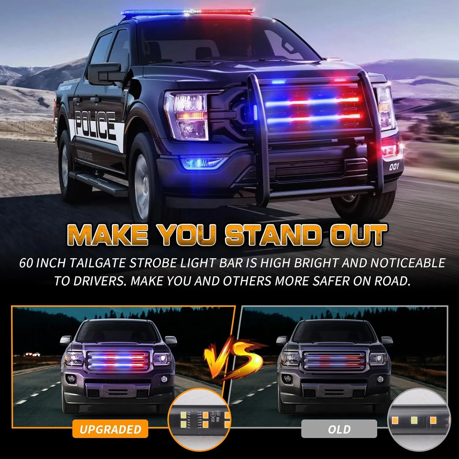 XRIDONSEN 2PCS 24 inch Truck Grill Police Lights Strip 288 LED Red Blue Emergency Strobe Lights Flashing Warning Hazard Caution Safety Grille Lights w/Waterproof Tube for Vehicles Trucks Pickup SUV