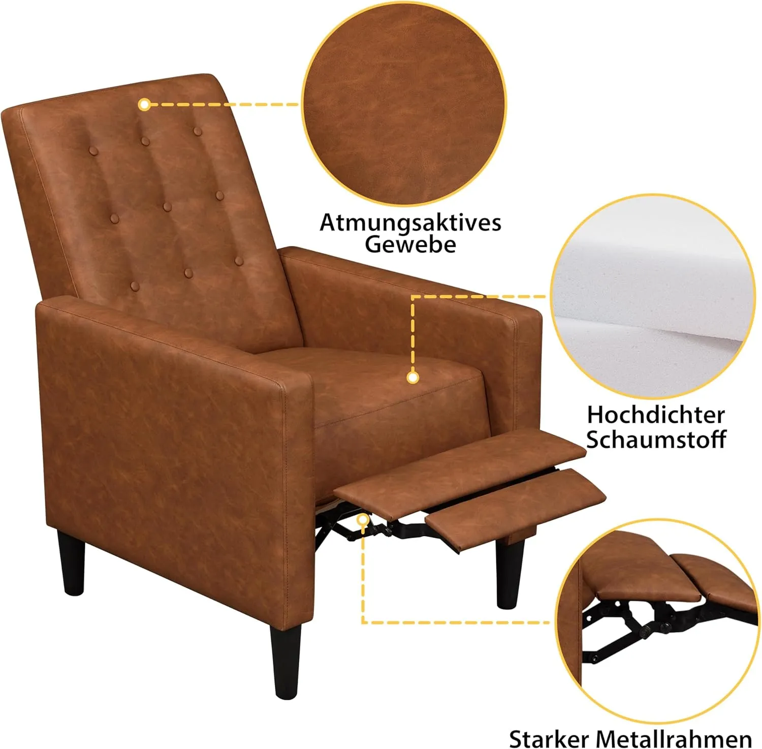 Yaheetech Faux Leather Recliner Sofa Mid-Century Modern Single Reclining Chair Adjustable Back & Footrest Tufted Upholstered Sofa with Pocket Spring Living Room Bedroom Home Theater Brown