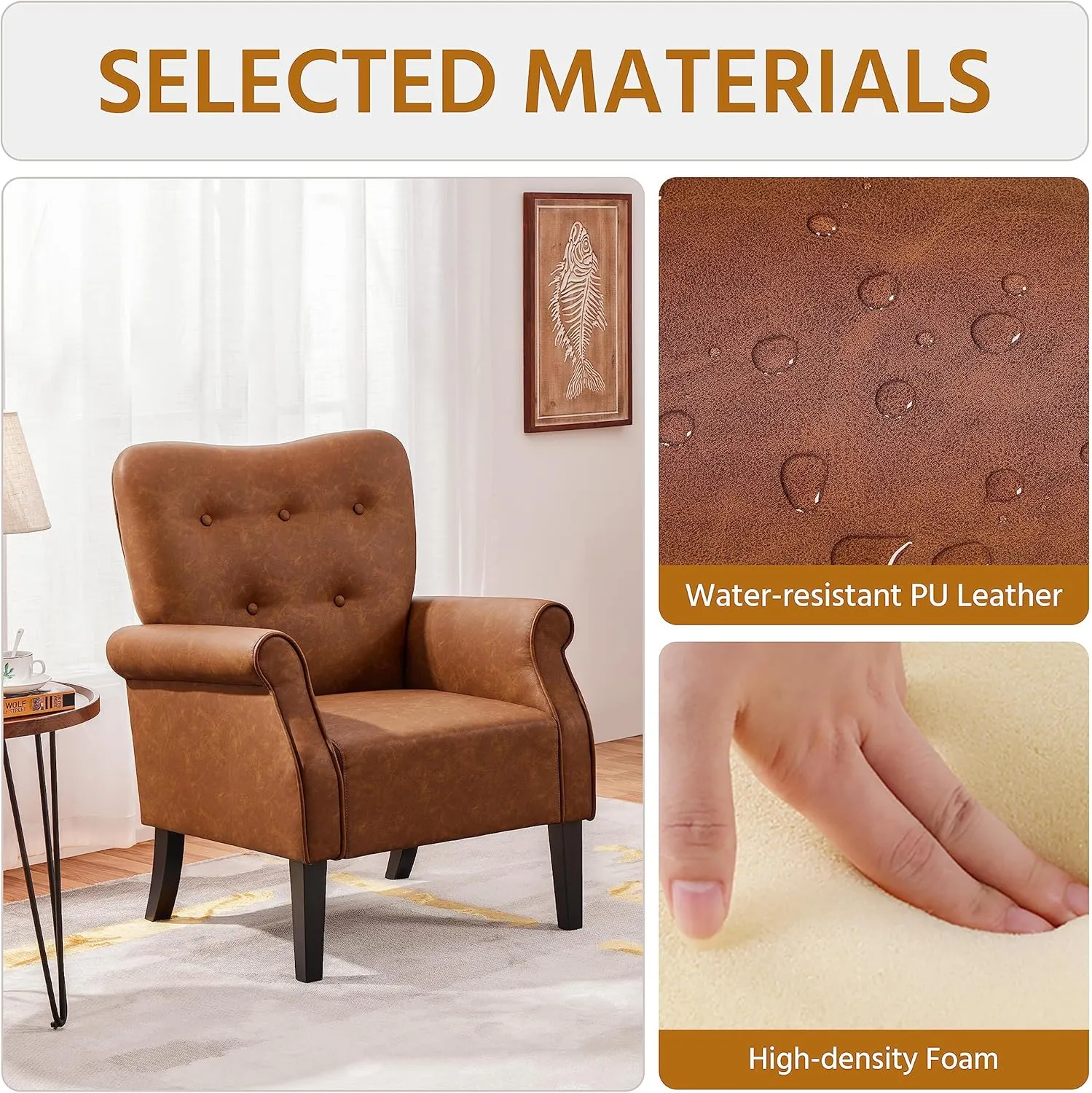 Yaheetech Modern Armchair, Mid Century PU Leather Accent Chair with Sturdy Wood Legs and High Back for Small Space, Upholstered Sofa Club Chair for Living Room/Bedroom/Office, Retro Brown