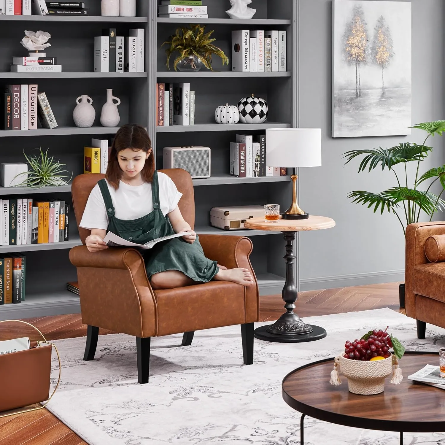 Yaheetech Modern Armchair, Mid Century PU Leather Accent Chair with Sturdy Wood Legs and High Back for Small Space, Upholstered Sofa Club Chair for Living Room/Bedroom/Office, Retro Brown