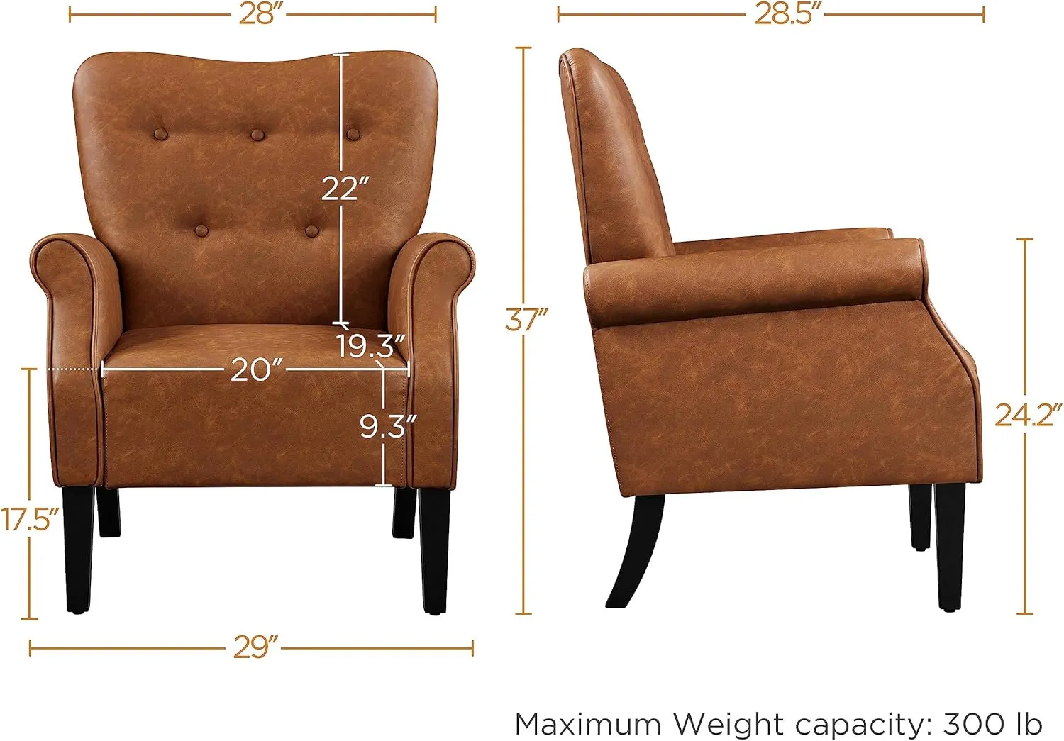 Yaheetech Modern Armchair, Mid Century PU Leather Accent Chair with Sturdy Wood Legs and High Back for Small Space, Upholstered Sofa Club Chair for Living Room/Bedroom/Office, Retro Brown