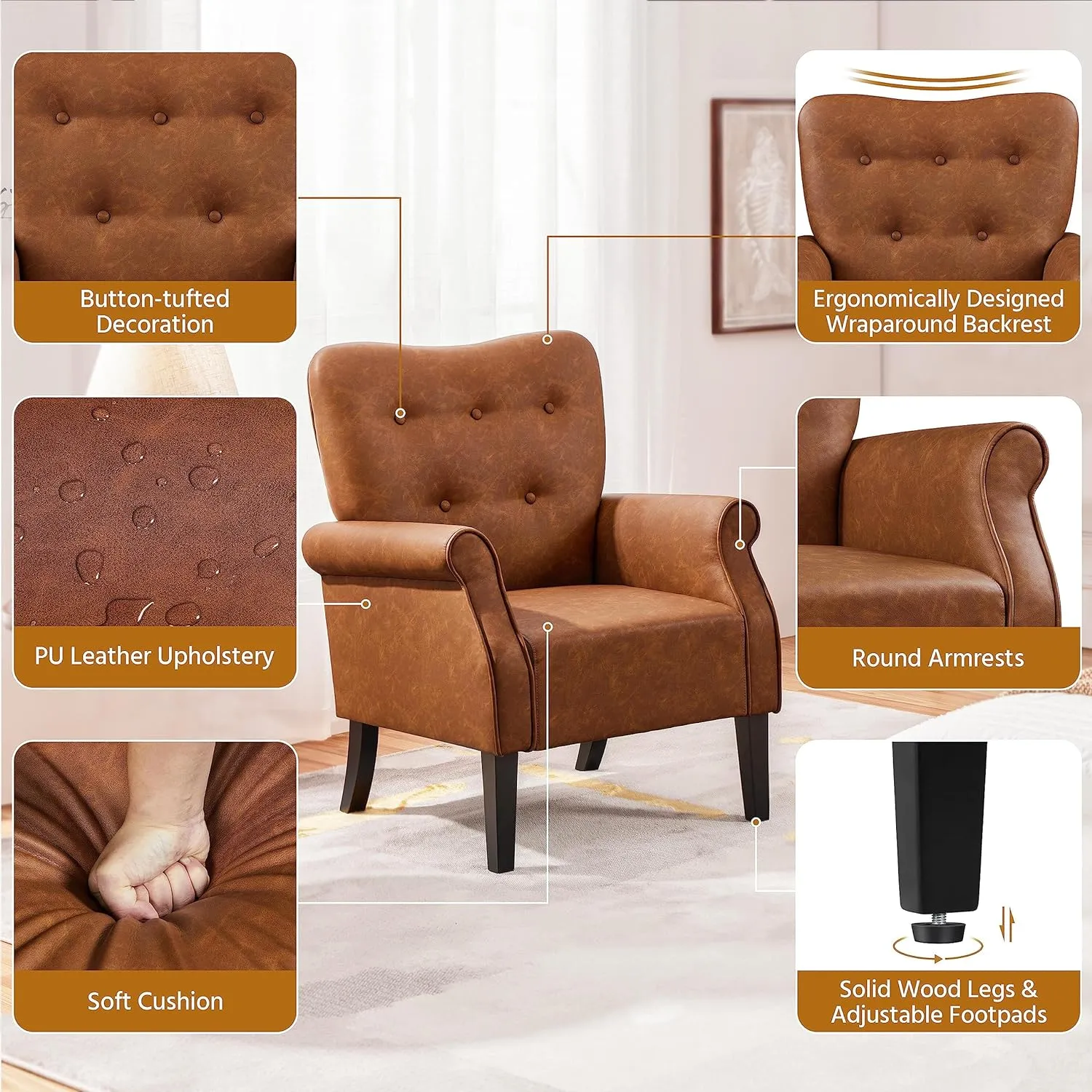 Yaheetech Modern Armchair, Mid Century PU Leather Accent Chair with Sturdy Wood Legs and High Back for Small Space, Upholstered Sofa Club Chair for Living Room/Bedroom/Office, Retro Brown