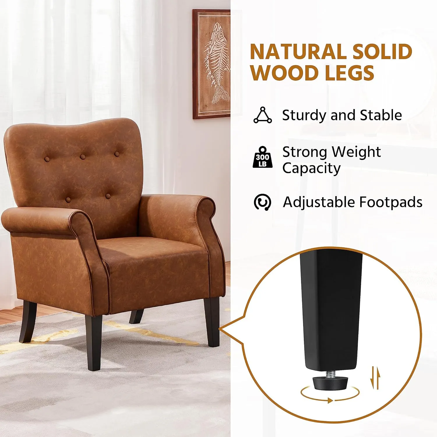 Yaheetech Modern Armchair, Mid Century PU Leather Accent Chair with Sturdy Wood Legs and High Back for Small Space, Upholstered Sofa Club Chair for Living Room/Bedroom/Office, Retro Brown