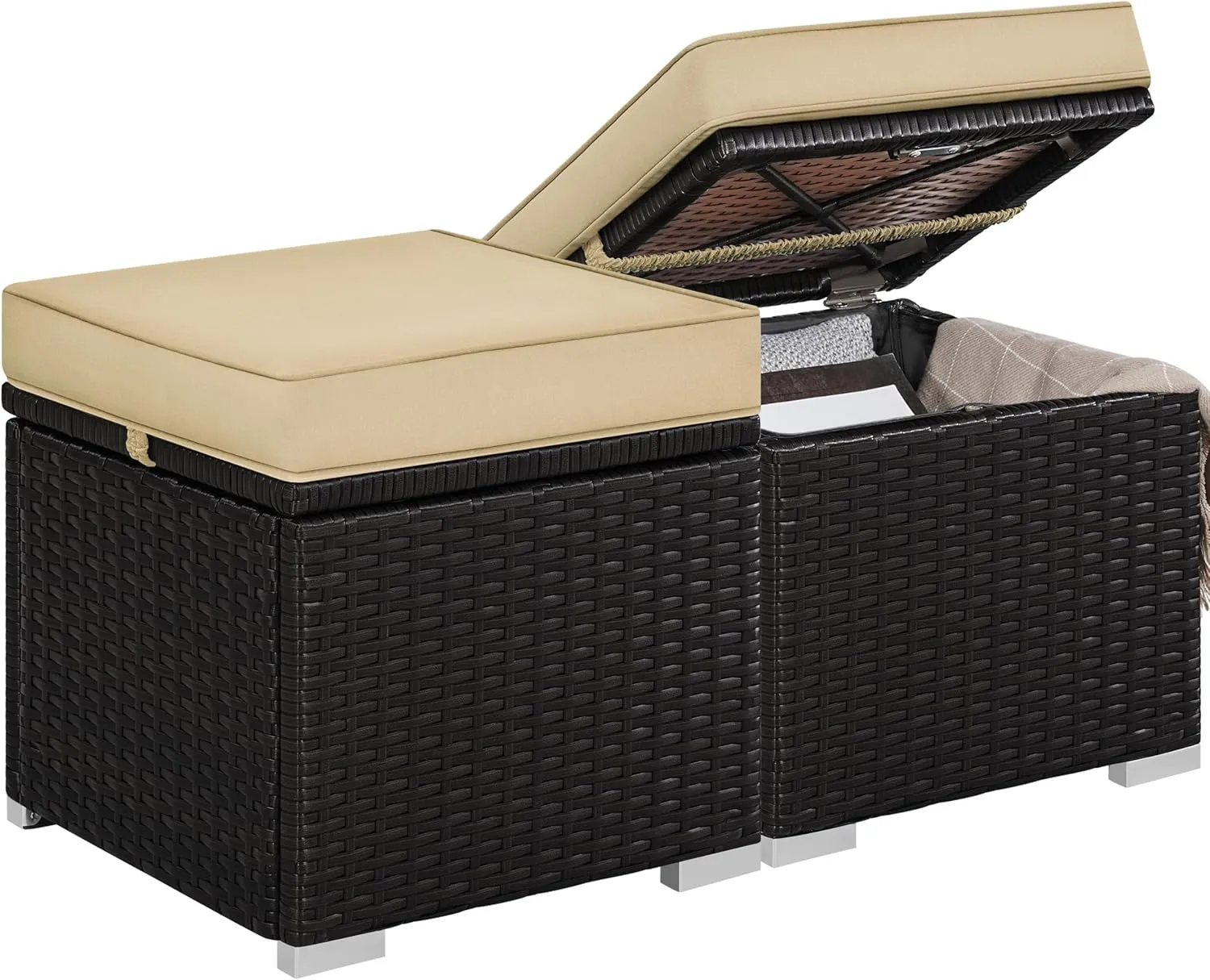 Yaheetech Wicker Ottomans, Set of 2 Patio PE Rattan Side Tables with Hidden Storage & Removable Cushion, Outdoor/Indoor Footstools, Additional Seating for Garden/Balcony/Yard, Brown/Khaki