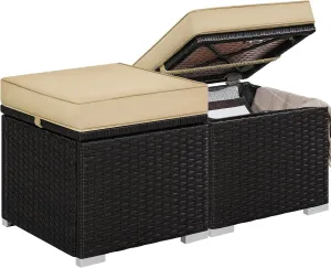 Yaheetech Wicker Ottomans, Set of 2 Patio PE Rattan Side Tables with Hidden Storage & Removable Cushion, Outdoor/Indoor Footstools, Additional Seating for Garden/Balcony/Yard, Brown/Khaki