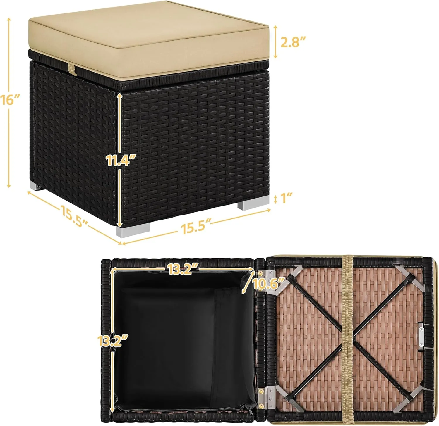 Yaheetech Wicker Ottomans, Set of 2 Patio PE Rattan Side Tables with Hidden Storage & Removable Cushion, Outdoor/Indoor Footstools, Additional Seating for Garden/Balcony/Yard, Brown/Khaki