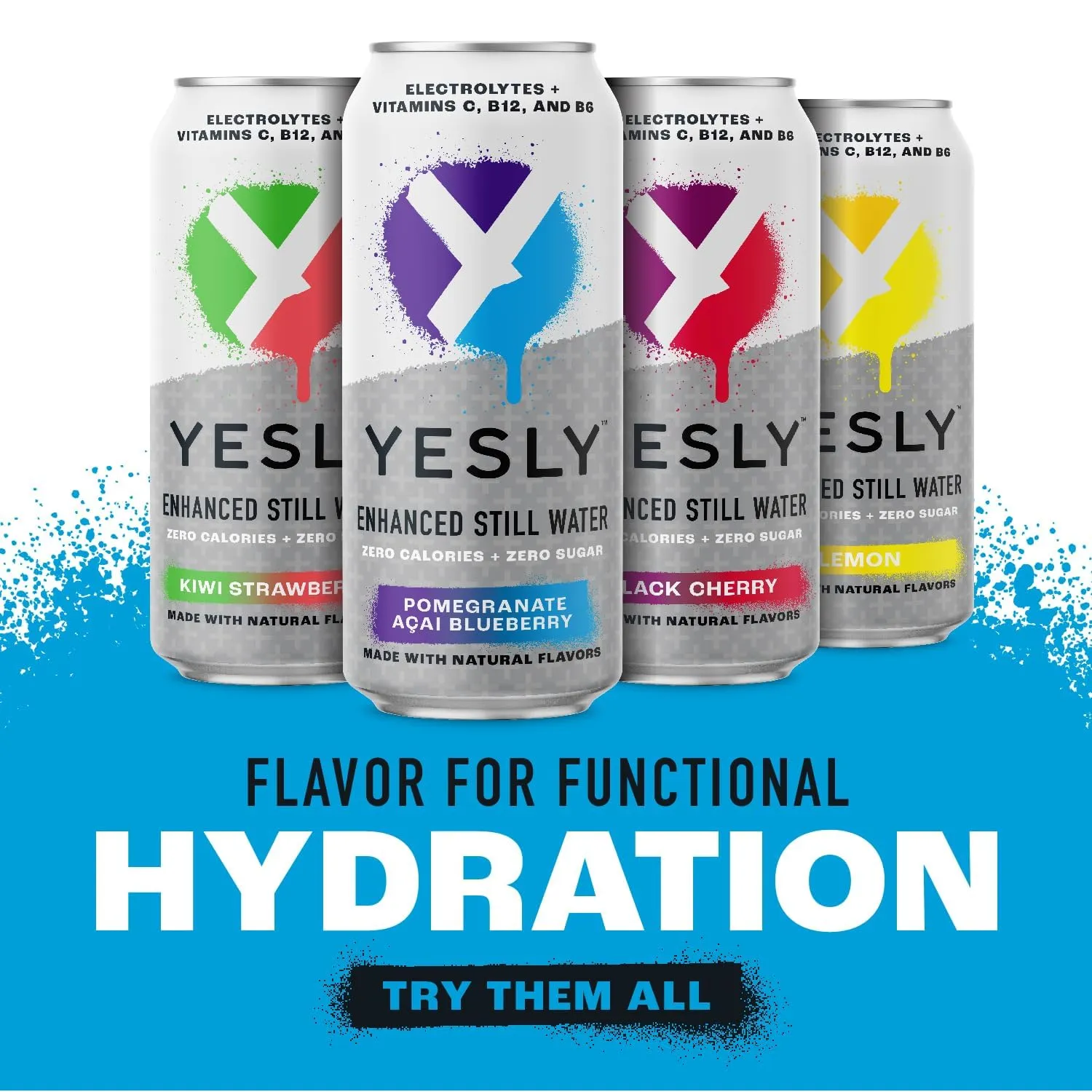 Yesly Functional Water, Variety Pack, Naturally Flavored Still Water with Electrolytes, Magnesium, Potassium, Vitamin C, B6 & B12, Zero Sugar, No Artificial Sweeteners, 16 Fl Oz Cans, 12 Pack
