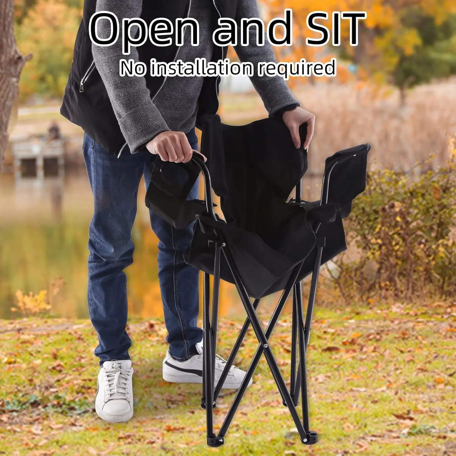 YSSOA Portable Folding Black Camping Chair, 2-Pack